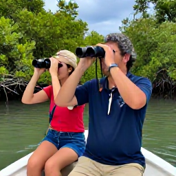 Caribbean Holidays, October Birdwatching, Birdwatchers with binoculars travelling by boat through the mangrove channels of Caroni Swamp