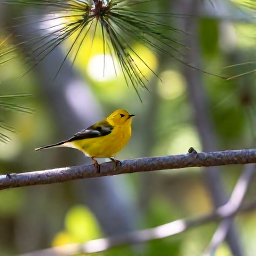 Caribbean Holidays, October Birdwatching, Bright Bahamian woodland with a pine forest trail, a yellow warbler on a branch and a Caribbean pine warbler in clear morning light