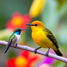 Caribbean Holidays, October Birdwatching, Close view of a bananaquit and hummingbird in a colourful Caribbean garden on Nevis