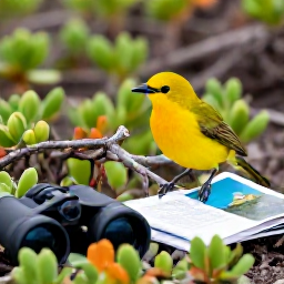 Caribbean Holidays, October Birdwatching, Close view of a bright Caribbean bird perched in coastal scrub, with binoculars and a field guide resting nearby