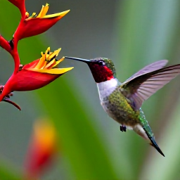 Caribbean Holidays, October Birdwatching, Close view of a hummingbird feeding beside tropical flowers in a Caribbean garden