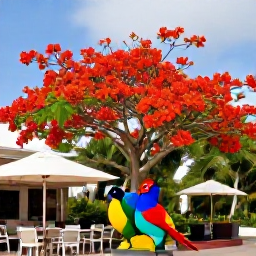Caribbean Holidays, October Birdwatching, Colourful Caribbean birds in flowering trees beside a relaxed outdoor caf&eacute; on Sint Maarten, with tropical gardens and bright island light
