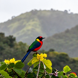 Caribbean Holidays, October Birdwatching, Colourful tropical birds in a lush rainforest on Saint Vincent, with misty green hills and soft October light
