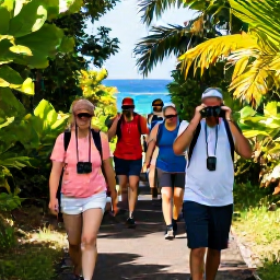 Caribbean Holidays, October Birdwatching, Comfortable birdwatching group walking a sunny nature trail on Saint Martin, with binoculars, tropical vegetation and glimpses of the Caribbean Sea