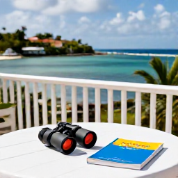 Caribbean Holidays, October Birdwatching, Comfortable Caribbean hotel terrace overlooking a calm bay in Antigua, binoculars and field guide on a table
