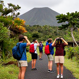 Caribbean Holidays, October Birdwatching, Friendly birdwatching group enjoying a quiet trail in Montserrat with binoculars, tropical vegetation and volcanic hills