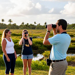 Caribbean Holidays, October Birdwatching, Friendly expert birdwatching guide with visitors using binoculars beside a Bahamian wetland, warm afternoon light and tropical landscape