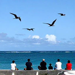 Caribbean Holidays, October Birdwatching, Frigate birds soaring above Barbuda's coastline with a small group of birdwatchers viewing from a safe distance