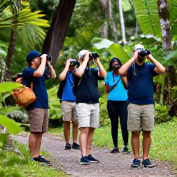 Caribbean Holidays, October Birdwatching, Guided birdwatching group exploring a rainforest path near Vermont Nature Trail in Saint Vincent, with binoculars and lush vegetation
