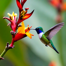 Caribbean Holidays, October Birdwatching, Jamaican streamertail hummingbird feeding near tropical flowers in a garden