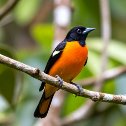 Caribbean Holidays, October Birdwatching, Montserrat oriole perched on a branch in lush tropical woodland, with a natural forest background