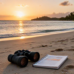 Caribbean Holidays, October Birdwatching, Peaceful Caribbean beach at sunset with binoculars resting beside a field guide and tropical islands in the distance