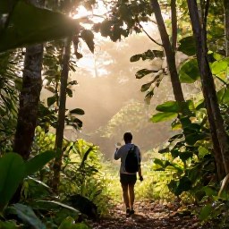 Caribbean Holidays, October Birdwatching, Peaceful dawn birdwatching walk through tropical woodland on Saint Kitts, with binoculars and soft morning light