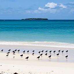 Caribbean Holidays, October Birdwatching, Quiet Bahamian beach at low tide with shorebirds gathered along wet sand, clear blue sea and a distant island horizon