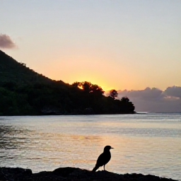 Caribbean Holidays, October Birdwatching, Quiet Caribbean coastline at sunset on Saint Kitts and Nevis, with tropical hills and a small bird in the foreground