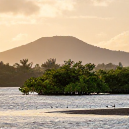 Caribbean Holidays, October Birdwatching, Quiet Caribbean wetland at sunrise with mangroves, wading birds and distant hills