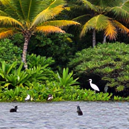 Caribbean Holidays, October Birdwatching, Quiet Jamaican wetland with heron and other waterbirds beside tropical vegetation