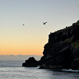 Caribbean Holidays, October Birdwatching, Quiet Montserrat coastline with seabirds soaring over volcanic cliffs and the Caribbean Sea at sunset