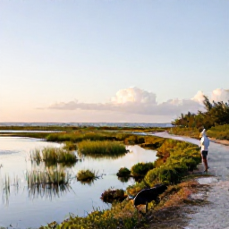 Caribbean Holidays, October Birdwatching, Quiet Turks and Caicos shoreline at sunrise with a birdwatcher walking along the edge of a salt pond