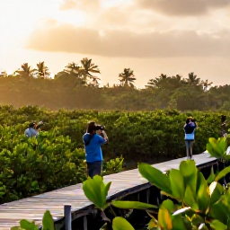 Caribbean Holidays, October Birdwatching, Quiet wetland in Antigua at sunrise with birdwatchers using binoculars, mangroves and tropical greenery