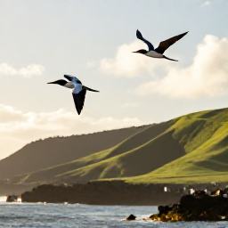 Caribbean Holidays, October Birdwatching, Red-footed booby and frigatebirds flying above Montserrat's green volcanic coastline in warm October sunshine