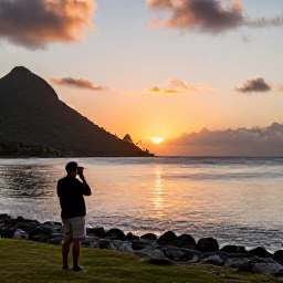 Caribbean Holidays, October Birdwatching, Relaxed evening view across a Caribbean bay in the United States Virgin Islands, with tropical hills and a birdwatcher watching the sunset