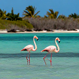 Caribbean Holidays, October Birdwatching, Roseate flamingos wading through shallow turquoise water at a Turks and Caicos wetland in warm October sunlight