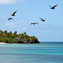 Caribbean Holidays, October Birdwatching, Roseate terns and brown pelicans flying over a calm Caribbean bay near the United States Virgin Islands