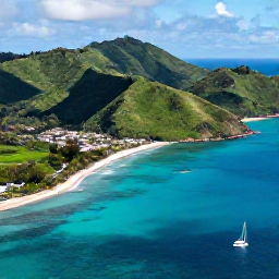Caribbean Holidays, October Business Class, Aerial view of Saint Vincent and the Grenadines, showing green volcanic hills, turquoise sea and small sailing boats in October sunshine