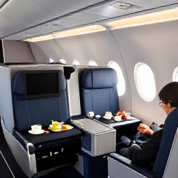 Caribbean Holidays, October Business Class, Comfortable business class aircraft cabin with spacious seat, refreshments and a traveller relaxing before a Caribbean holiday