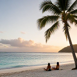 Caribbean Holidays, October Business Class, Quiet Caribbean beach on Saint Vincent at sunset, with palm trees, calm turquoise water and a couple relaxing on the sand