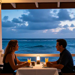 Caribbean Holidays, October Caribbean, Couple dining at an open-air Caribbean restaurant overlooking the sea at dusk