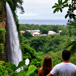 Caribbean Holidays, October Caribbean, Couple exploring a lush Caribbean rainforest waterfall near a scenic island village