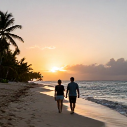 Caribbean Holidays, October Caribbean, Couple walking hand in hand along a quiet Caribbean beach at sunset in October