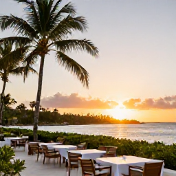 Caribbean Holidays, October Caribbean Holidays, Elegant Caribbean resort overlooking a calm bay at sunset, with an outdoor dining terrace and palm trees