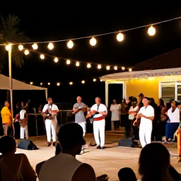 Caribbean Holidays, October Caribbean Holidays, Open-air Caribbean music and dance performance in a village square at night, with musicians, lanterns and a friendly local crowd