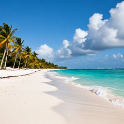 Caribbean Holidays, October Caribbean Holidays, Quiet Caribbean beach in October with turquoise water, soft sand, palm trees and scattered clouds