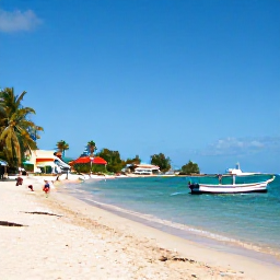 Caribbean Holidays, October Caribbean Holidays, Relaxed Caribbean waterfront in October, with visitors enjoying a beach, colourful fishing boats and a small coastal village