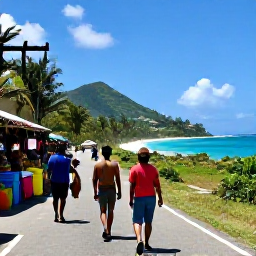 Caribbean Holidays, October Caribbean Holidays, Travellers exploring a colourful Caribbean market, followed by a scenic coastal road and tropical hills