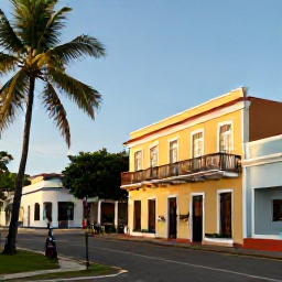 Caribbean Holidays, October Caribbean Holidays, Visitors exploring a historic Caribbean town with colourful colonial buildings, a small museum and palm trees under warm October sunshine