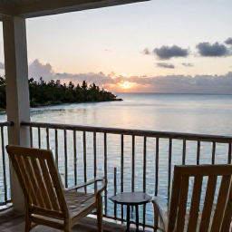 Caribbean Holidays, October Caribbean, Romantic Caribbean balcony with two chairs overlooking a calm tropical sea at sunrise