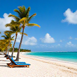 Caribbean Holidays, October Caribbean, Romantic Caribbean resort beach with palm trees, sun loungers and turquoise sea