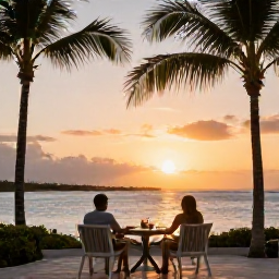 Caribbean Holidays, October Caribbean Tours, A couple enjoying a quiet Caribbean sunset from a beachfront terrace, with palm trees, warm evening light and calm sea