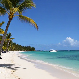Caribbean Holidays, October Caribbean Tours, A relaxed Caribbean beach in October with turquoise water, palm trees and a small boat near the shore