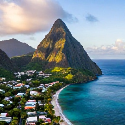 Caribbean Holidays, October Caribbean Trip, Aerial view of Saint Lucia's green volcanic coastline, turquoise sea and colourful Caribbean villages in warm October sunshine