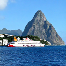 Caribbean Holidays, October Caribbean Trip, Colourful Caribbean ferry or small aircraft connecting Saint Lucia with another tropical island, blue sea and sunny sky