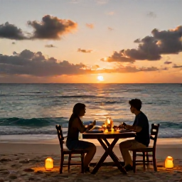 Caribbean Holidays, October Caribbean Trip, Couple enjoying a sunset dinner beside a Caribbean beach in October, gentle waves, lanterns and relaxed island atmosphere