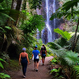 Caribbean Holidays, October Caribbean Trip, Travellers exploring a lush Saint Lucia rainforest trail near a waterfall, with tropical plants and soft daylight