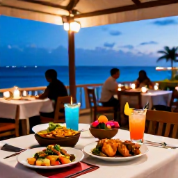 Caribbean Holidays, October City Breaks, Open-air Caribbean restaurant overlooking the sea, with colourful local dishes, cocktails and diners enjoying a warm evening