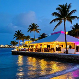 Caribbean Holidays, October City Breaks, Relaxed Caribbean waterfront at dusk with restaurants, gentle waves, colourful lights and travellers enjoying an evening city break